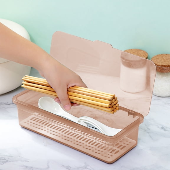 Plastic Chopsticks Storage Box with Drainage Holes | Cutlery & Utensil Organizer for Kitchen Countertop | 1-Piece Brown