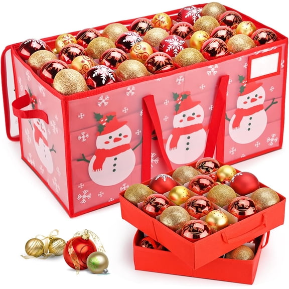Plastic Christmas Ornament Storage Box with Adjustable Dividers, Waterproof Christmas Storage Containers Keep 128 Capacity, Dual Zippers, Ornament Organizer to Store Holiday Decor-Snowman