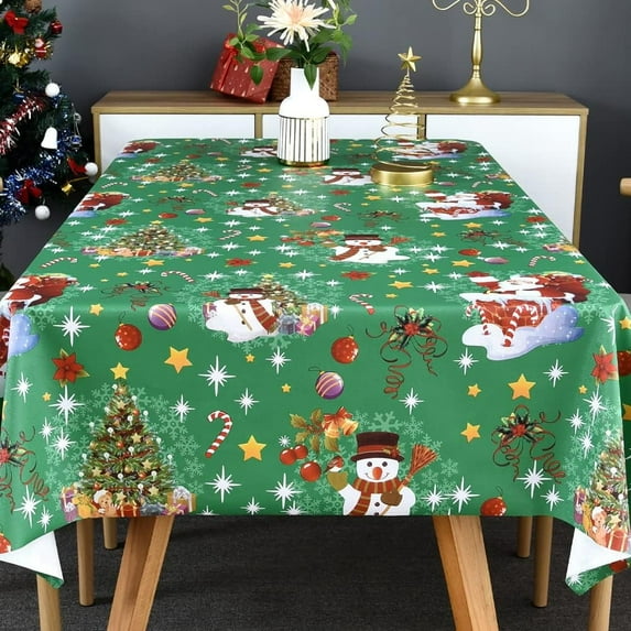 Plastic Christmas Tablecloth Square Silver Vinyl Christmas Table Cloth Xmas Table Cover with Snowman for Party (60'''' x 60'''', Snowman)