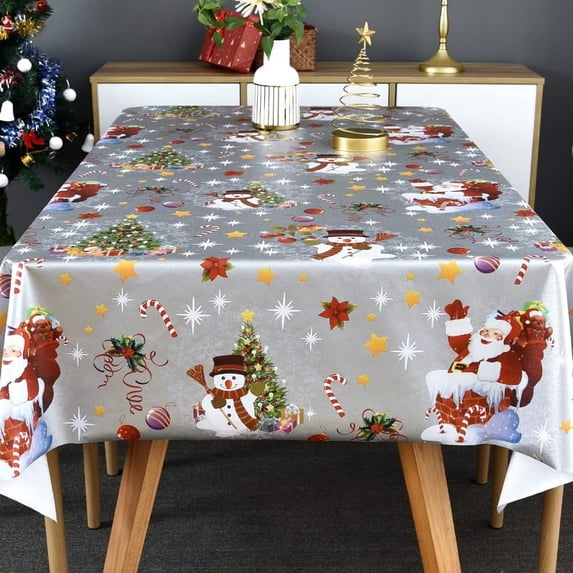 Plastic Christmas Tablecloth Square Silver Vinyl Christmas Table Cloth Xmas Table Cover with Snowman for Party (60'''' x 60'''', Snowman)