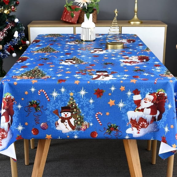 Plastic Christmas Tablecloth Square Silver Vinyl Christmas Table Cloth Xmas Table Cover with Snowman for Party (60'''' x 60'''', Snowman)