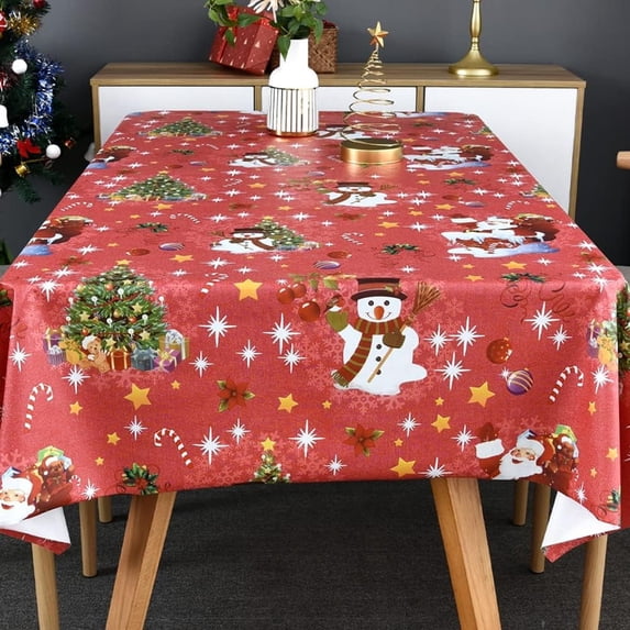 Plastic Christmas Tablecloth Square Silver Vinyl Christmas Table Cloth Xmas Table Cover with Snowman for Party (60'''' x 60'''', Snowman)