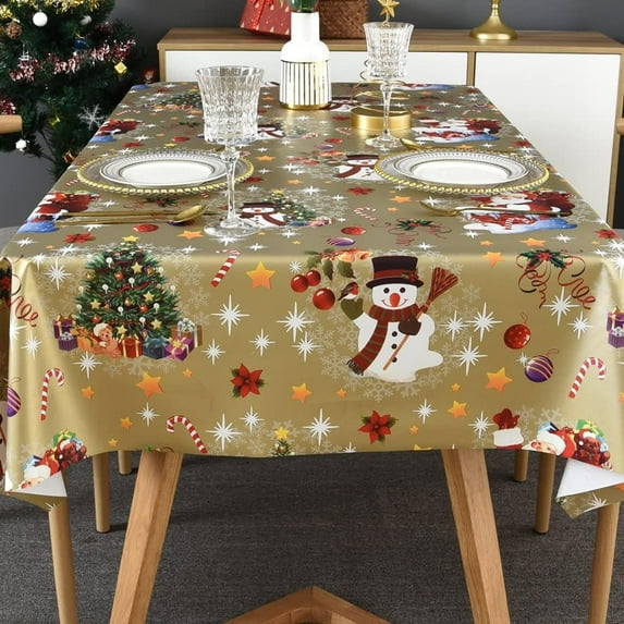 Plastic Christmas Tablecloth Square Silver Vinyl Christmas Table Cloth Xmas Table Cover with Snowman for Party (60'''' x 60'''', Snowman)