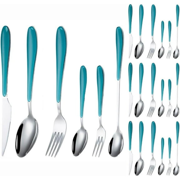 Plastic Clamp Handle Kitchen Stainless Steel Silverware Tableware Flatware Cutlery Set Steak Knife Fork Spoon Teaspoon (Blue,24 pieces)
