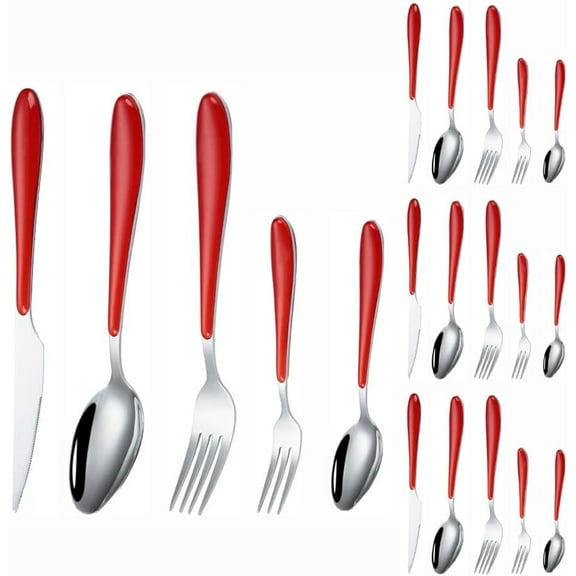 Plastic Clamp Handle Kitchen Stainless Steel Silverware Tableware Flatware Cutlery Set Steak Knife Fork Spoon Teaspoon (Red,20 pieces)