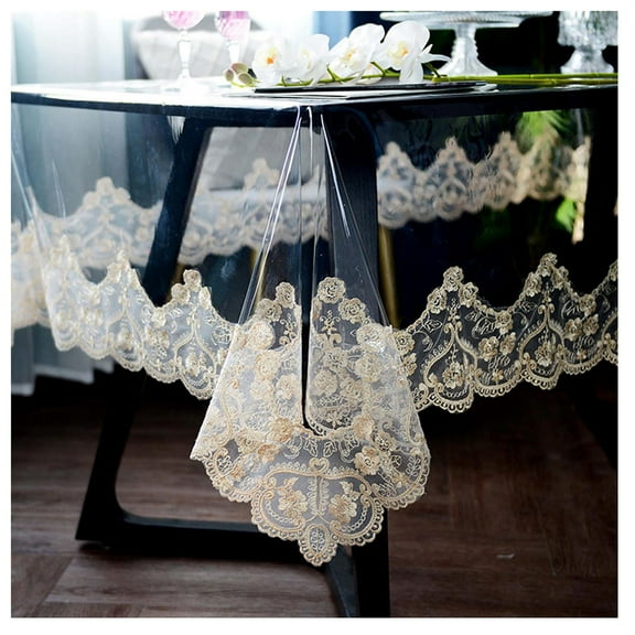 Plastic Clear Rectangle Tablecloth Vinyl PVC Waterproof/Oil-Proof Tablecloth Lace Edge Transparent Table Cover for Kitchen Dining Coffee Table