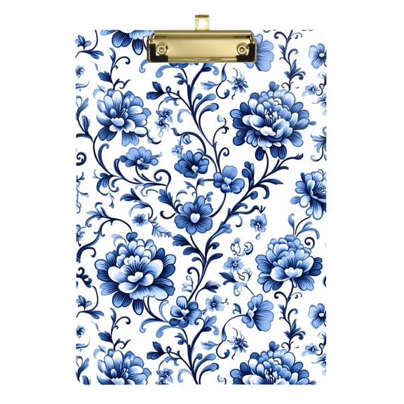 Plastic Clipboard Acrylic Hanging Clip Board with Gold Low Profile Office School Supplies 12.5x9 Floral with Blue Flowers