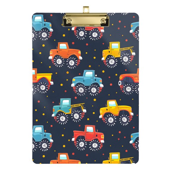 Plastic Clipboard Acrylic Hanging Clip Board with Gold Low Profile Office School Supplies 12.5x9 Hand Paint Monster Trucks