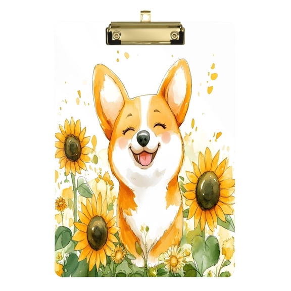 Plastic Clipboard Acrylic Hanging Clip Board with Gold Low Profile Office School Supplies 12.5x9 Happy Corgi and Sunflowers