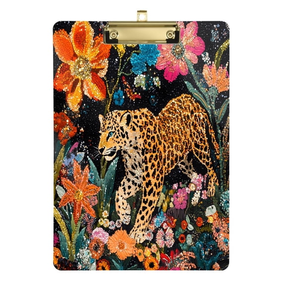 Plastic Clipboard Acrylic Hanging Clip Board with Gold Low Profile Office School Supplies 12.5x9 Leopard Walking Through Flowers
