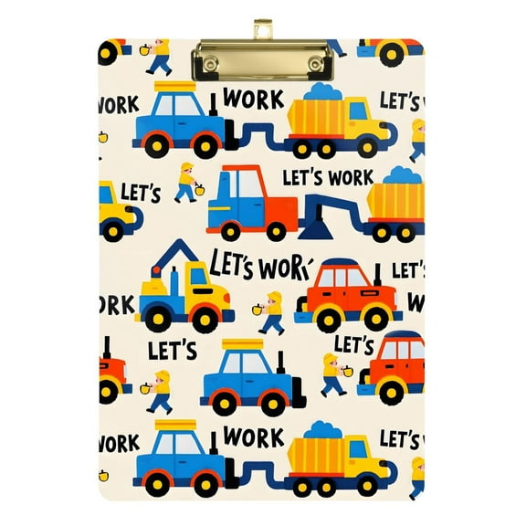 Plastic Clipboard Acrylic Hanging Clip Board with Gold Low Profile Office School Supplies 12.5x9 Let's Work Construction Vehicle