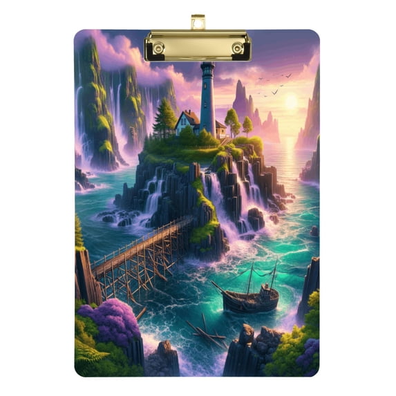 Plastic Clipboard Acrylic Hanging Clip Board with Gold Low Profile Office School Supplies 12.5x9 Lighthouse on Island and Bridge