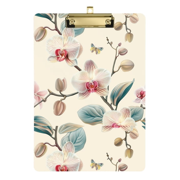Plastic Clipboard Acrylic Hanging Clip Board with Gold Low Profile Office School Supplies 12.5x9 Orchid Flower and Butterfly