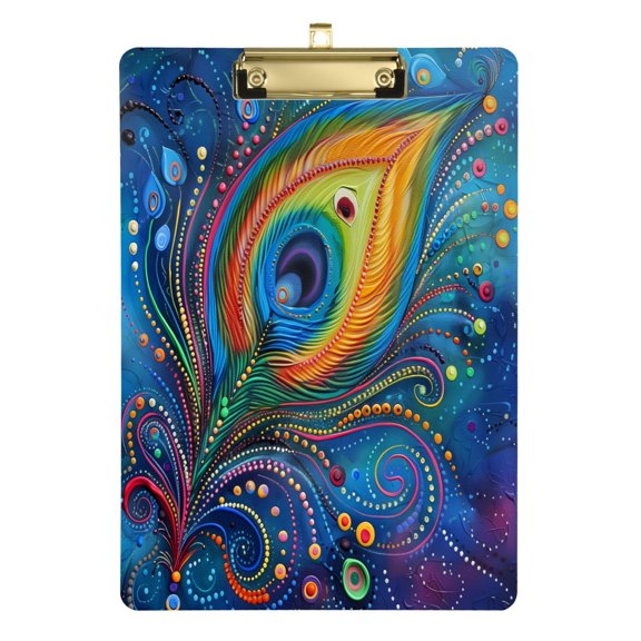 Plastic Clipboard Acrylic Hanging Clip Board with Gold Low Profile Office School Supplies 12.5x9 Peacock Feather