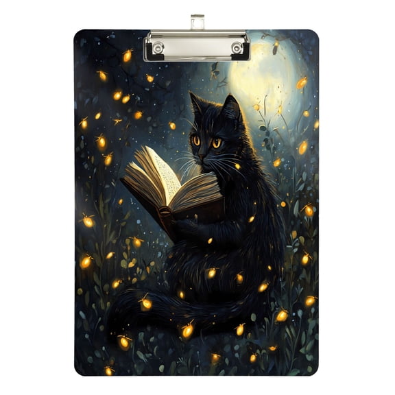 Plastic Clipboard Acrylic Hanging Clip Board with silver Low Profile Office School Supplies 12.5x9 Cat Reads Book on Night