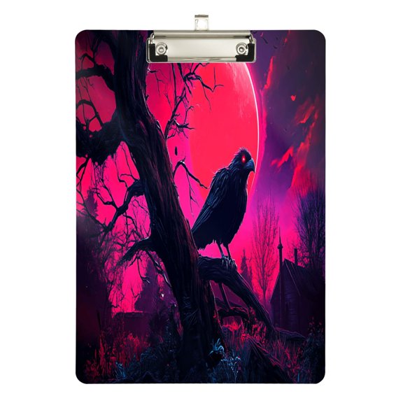 Plastic Clipboard Acrylic Hanging Clip Board with silver Low Profile Office School Supplies 12.5x9 Crow and Red Moon