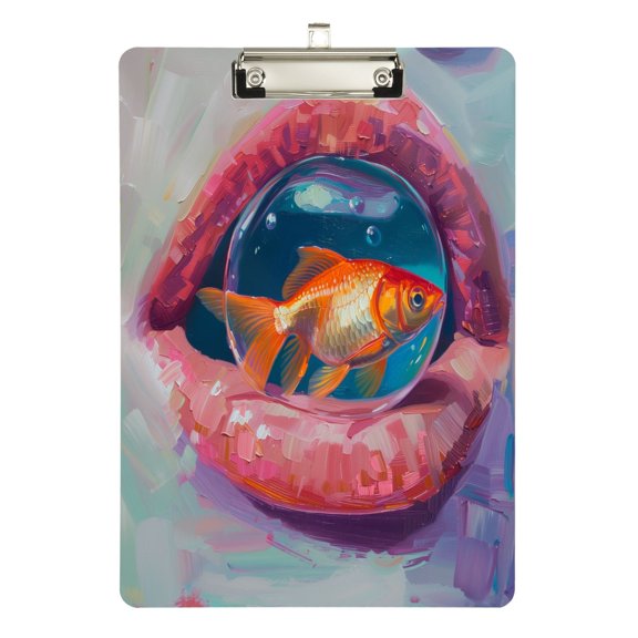 Plastic Clipboard Acrylic Hanging Clip Board with silver Low Profile Office School Supplies 12.5x9 Goldfish in Bubble Inside Mouth
