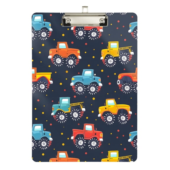 Plastic Clipboard Acrylic Hanging Clip Board with silver Low Profile Office School Supplies 12.5x9 Hand Paint Monster Trucks