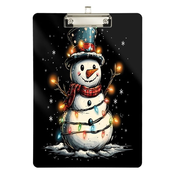 Plastic Clipboard Acrylic Hanging Clip Board with silver Low Profile Office School Supplies 12.5x9 Happy Snowman with Colorful Lights