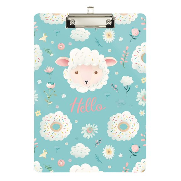 Plastic Clipboard Acrylic Hanging Clip Board with silver Low Profile Office School Supplies 12.5x9 Hello Lamb Face