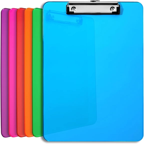 Plastic Clipboards with Low Profile Clip Set of 6-12.5 x 9 Inch Multi Color Plastic Clipboards Bulk - Clear Clip Boards Bulk Classroom Holds 100 Sheets, Acrylic Clipboard Clear 6 Pack