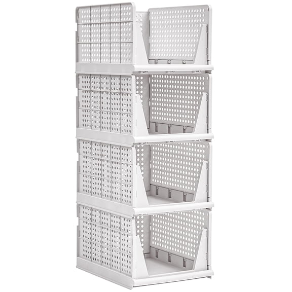 Plastic Closet Shelf Organizer, 4 Pack Stackable Storage Drawers with Sliding Rail, Foldable Wardrobe Container for Closet, Bathroom, Gray