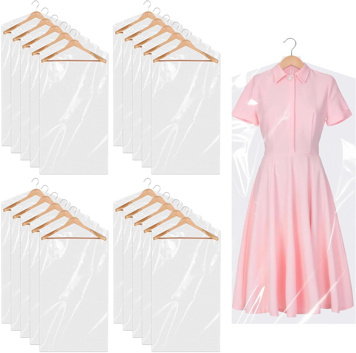 Plastic Clothes Covers 20pcs,Bags for Hanging Clothes, Dust-Proof Clear Clothes Covers Garment Bags 60x90 cm Dry Cleaning Bags,for Closet Coats Jacket Suits Dress