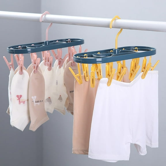 Plastic Clothes Drying Rack with 12 Clips, Foldable Retractable Hanging Drying Rack with 360° Rotatable Hook, Multi-functional Underwear Drying Rack for Indoor Outdoor, Towels, Sock