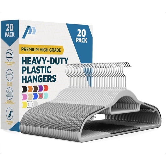 Plastic Clothes Hanger Set - 20 Pieces Versatile, Lightweight, Space-Saving, Non-Slip, Slim Designed, Dry and Wet Clothes Hanger Set with 360 Swivel Hook and Rubber Coating - Gray
