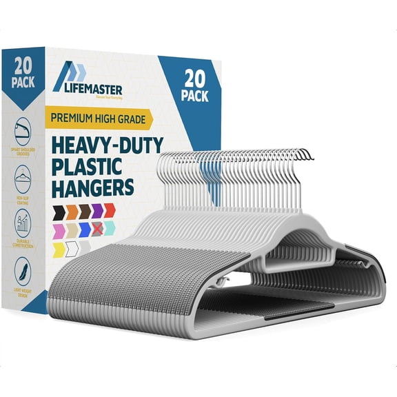 Plastic Clothes Hanger Set - 20 Pieces Versatile, Lightweight, Space-Saving, Non-Slip, Slim Designed, Dry and Wet Clothes Hanger Set with 360 Swivel Hook and Rubber Coating - Gray