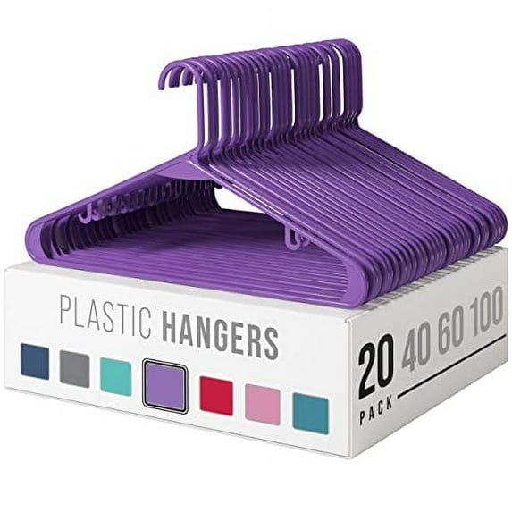 Plastic Clothes Hangers (20, 40, 60, 100 Packs) Heavy Duty Durable Coat and Clothes Hangers | Vibrant Color Hangers | Lightweight Space Saving Laundry Hangers (20 Pack - Purple)