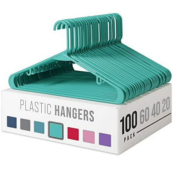 Plastic Clothes Hangers (20, 40, 60, 100 Packs) Heavy Duty Durable Coat and Clothes Hangers | Vibrant Color Hangers | Lightweight Space Saving Laundry Hangers (100 Pack - Aqua)