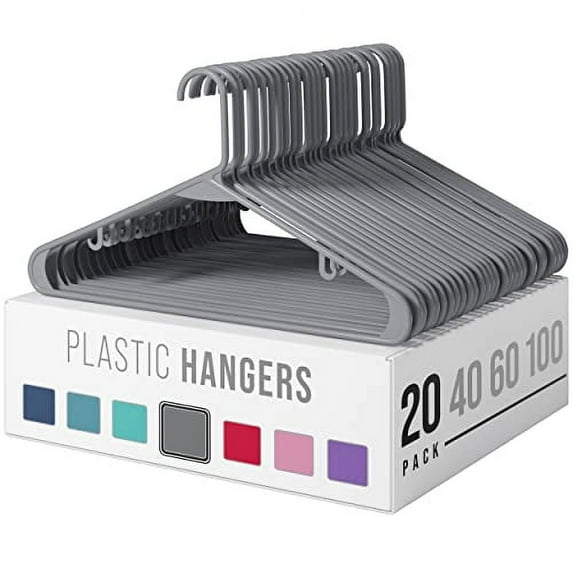 Plastic Clothes Hangers (20, 40, & 60 Packs) Heavy Duty Durable Coat and Clothes Hangers | Vibrant Color Hangers | Lightweight Space Saving Laundry Hangers (20 Pack - Grey)