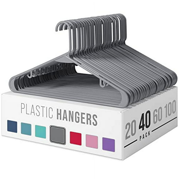 Plastic Clothes Hangers (20, 40, & 60 Packs) Heavy Duty Durable Coat and Clothes Hangers | Vibrant Color Hangers | Lightweight Space Saving Laundry Hangers (40 Pack - Grey)