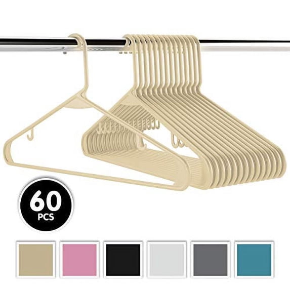 Plastic Clothes Hangers (20, 40, & 60 Packs) Heavy Duty Durable Coat and Clothes Hangers | Vibrant Color Hangers | Lightweight Space Saving Laundry Hangers (60 Pack - Beige)