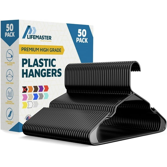 Plastic Clothes Hangers – Heavy Duty Hanger Set, for Organizing Clothes, Dresses, and Coat, Holds Up to 5 lbs, Space-Saving Hangers with Non-Slip Shoulder Grooves, Pack of 50, Black