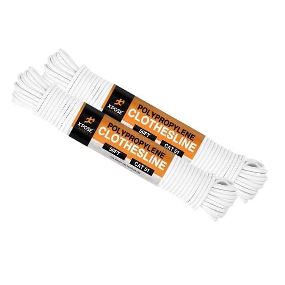 Plastic Clothesline - 50' Plastic Clothes Line - White Outdoor Weather Resistant - Synthetic Cord for Hanging and Drying Clothing & Laundry - Plastic Rope Clothes Line String for Pulley 2 Pack