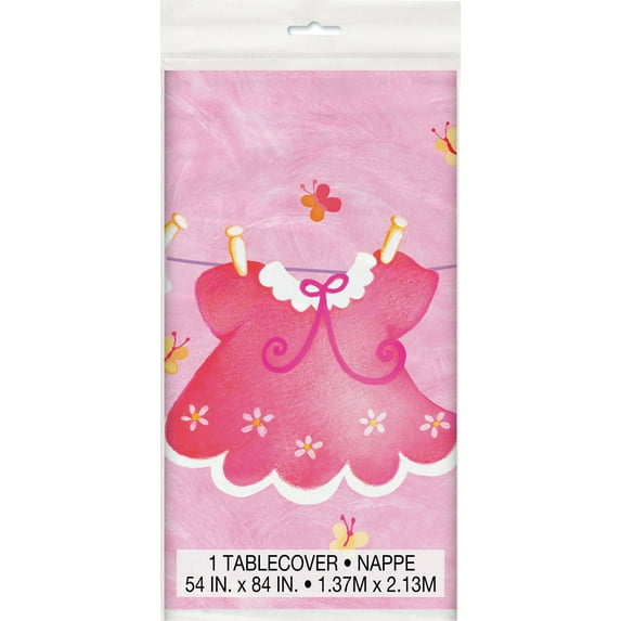 Plastic Clothesline Baby Shower Table Cover, 84 x 54 in, Pink, 1ct