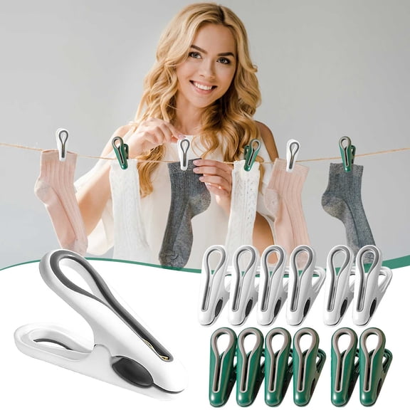 Plastic Clothespins with Strong Metal Spring | 12-Pack Windproof Laundry Clips for Sheets, Socks & Delicate Fabrics | Traceless Rubber Coated Household Clothes Drying Clips