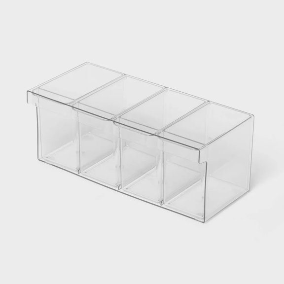 Plastic Coffee Pod Organizer Bin with Divided Section and Drawer Clear - Brightroom, 2, play video A clear organizer with three compartments holding coffee pods and packets is placed on