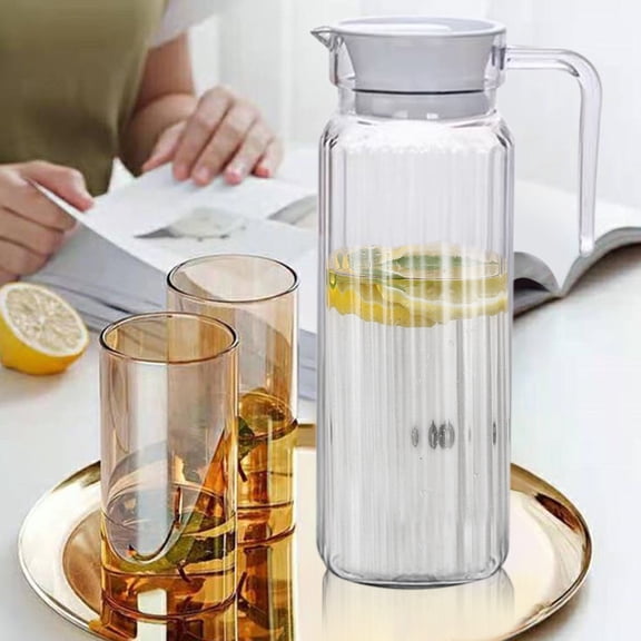 Plastic Cold Water Pitcher with Lid - 64oz Clear Striped Iced Tea Juice Container for Refrigerator | Dishwasher Safe Food Grade Pitcher for Home Kitchen Restaurant Party Barbecue Use