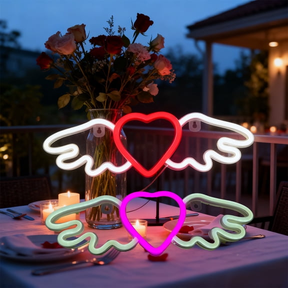 Plastic Colored Lights 1Pcs Pink Wing Heart Neon Lights with Warm White LED Lights for Valentine's Day Indoor and Outdoor Decorations 14.17x4.72" JASKFLY