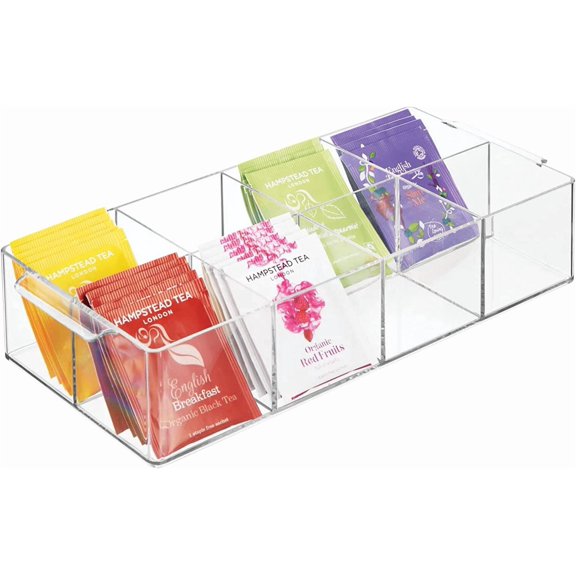 Plastic Condiment Organizer and Tea Bag Holder - 8-Compartment Kitchen Pantry/Countertop Storage Caddy - Divided Chip, Snack, Oatmeal Packet Holder - Lumiere Collection - Clear
