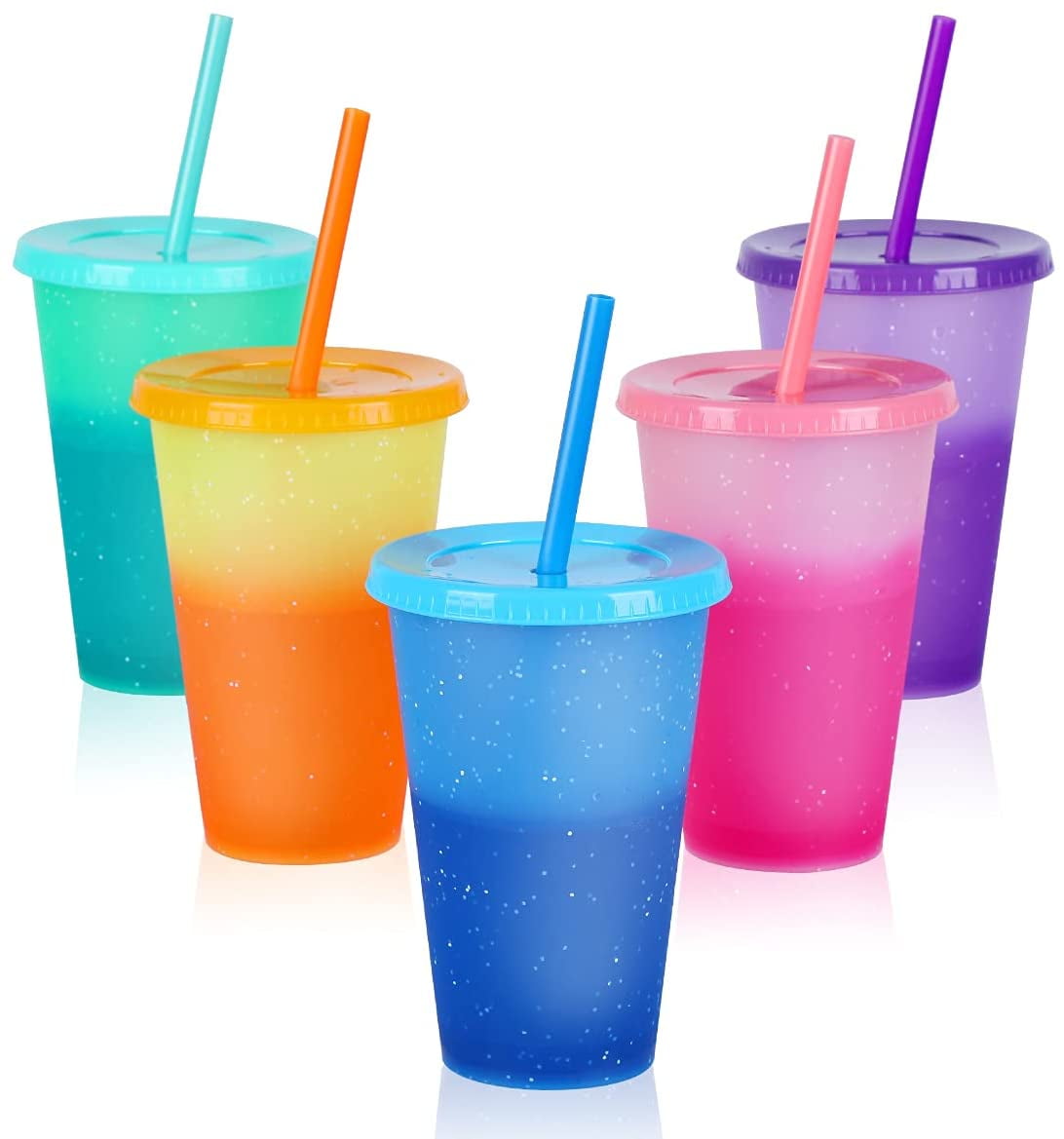 Meoky Plastic Cups with Lids and Straws 6Pack 24oz Reusable Color Changing Cups for Adult Kids Cold Coffee Drinking Tumblers Summer Party Cups