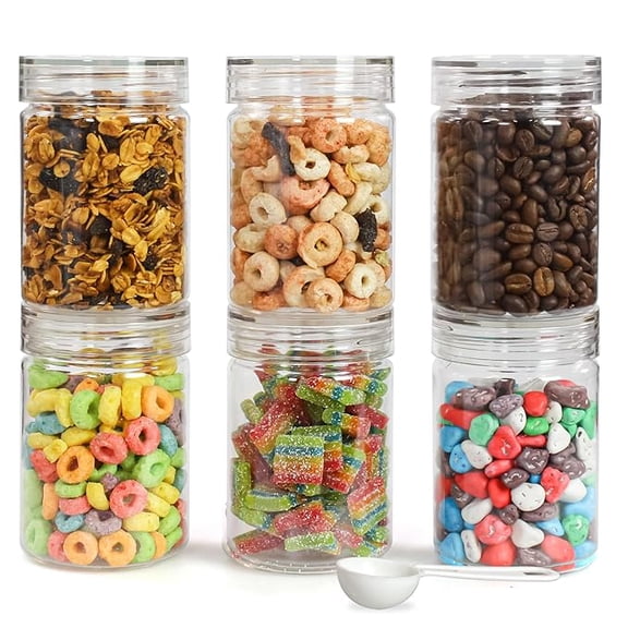 Plastic Container Set with Spoon | BPA-Free, Stackable Jars | Transparent, 300 ML (Set of 6)
