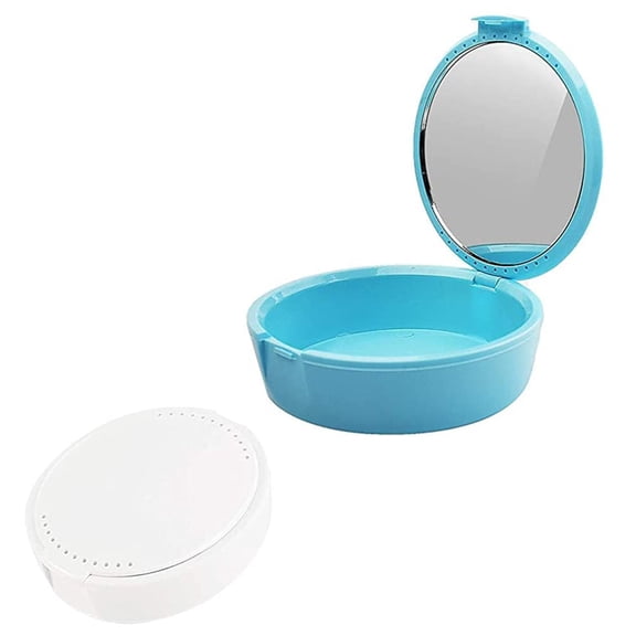 Plastic Containers Denture Case with Vent Holes Dental Retainer Box Portable Denture Storage with Mirrors for Household Office Travel White Sky- blue Travel Container