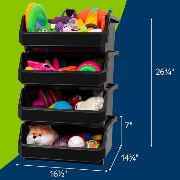 Plastic Containers for Organizing and Storage Bins for Closet, Kitchen, Office, Garage or Pantry Organization, Stackable Bins, Extra Large (14.8" x 16.5" x 7"), 4-Pack, Black