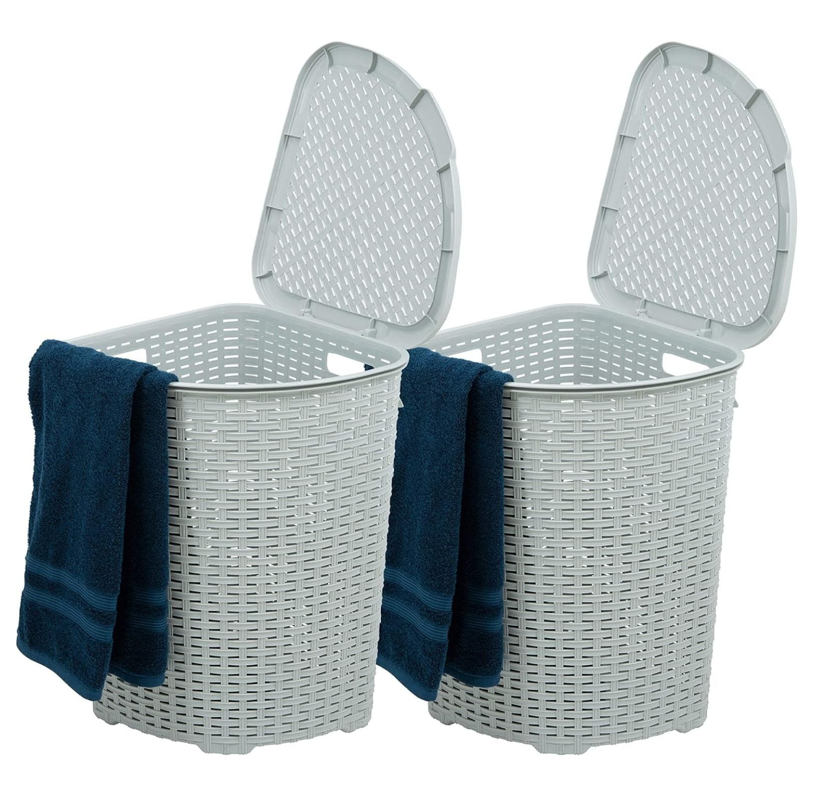 Plastic Corner Laundry Hamper with Lid, Curved Designed Laundry Basket, 2 Pack White Smoke