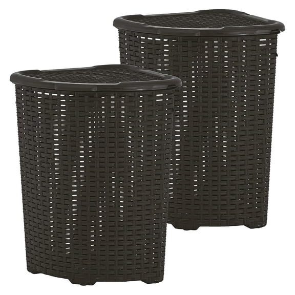 Plastic Corner Laundry Hamper with Lid, Curved Designed Laundry Basket, 2 Pack Triangle Brown Cloths Hamper Organizer with Cut-out Handles for Laundry Room Bedroom Bathroom, Wicker Design, 50 Liter