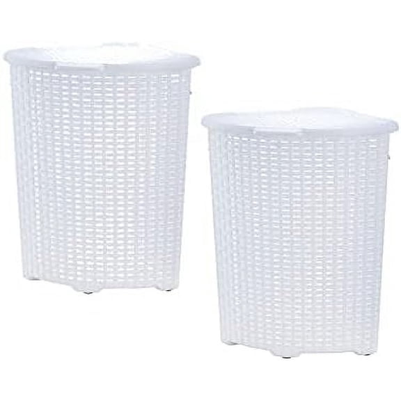Plastic Corner Laundry Hamper with Lid, Curved Designed Laundry Basket, 2 Pack Triangle White Cloths Hamper Organizer with Cut-out Handles for Laundry Room Bedroom Bathroom, Wicker Design, 50 Liter